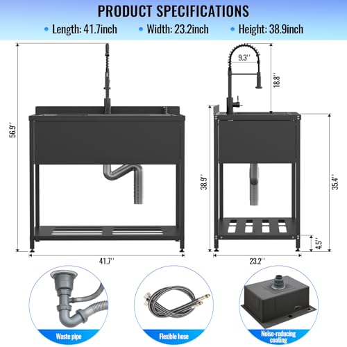 Image of Stainless Steel Utility Sink, 41.7 inch x 23.2 inch x 38.9 inchFreestanding Sink with Cold and Hot Water Faucet,Hoses and Drain Kit for Kitchens, Bathrooms, Garage, Laundry Room