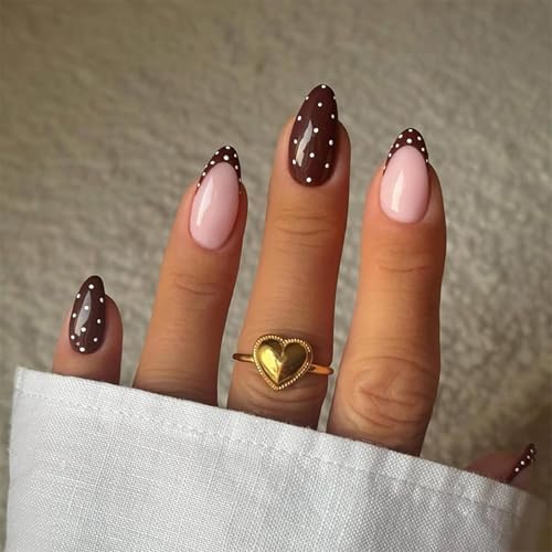 FrostyFlair Polka Dot Mandel Press On Nägel, 24 Stück Press On Nails Kurz & Nägel Zum Aufkleben, Brown French Nails Almond mit Punkt Design, Glänzende Kunstnägel für Damen & Mädchen