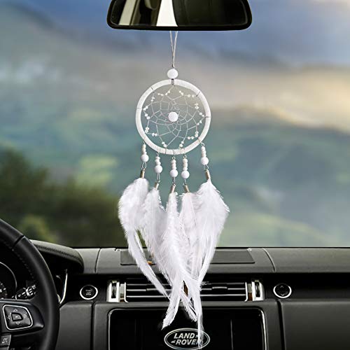 Dremisland Dream Catchers Handmade White Dream Catcher Car Rear View Mirror Pendant Charm with Pearl Ornament (White) - Thumbnail 7