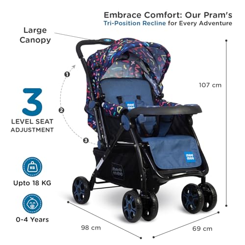 Image of Mee Mee Cozy Cruise Baby Stroller /Pram (Blue Black) | Premium Foldable Pram with 5-Point Safety Harness, One-Hand Fold, Multi-Recline Cushioned Seat, Adjustable Canopy & 360 Wheels | 0-3 Yrs