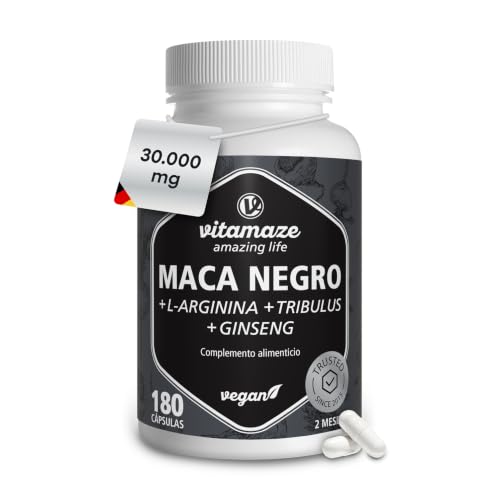 Maca Negra con Tribulus y Ginseng, 6 Meses Alta Concentración 10.000 mg en 1 Cápsula Diaria. Energía, Fuerza y Rendimiento. L-Arginina, Zinc, Vitaminas B. 180 Cápsulas Veganas, Fabricado en Alemania