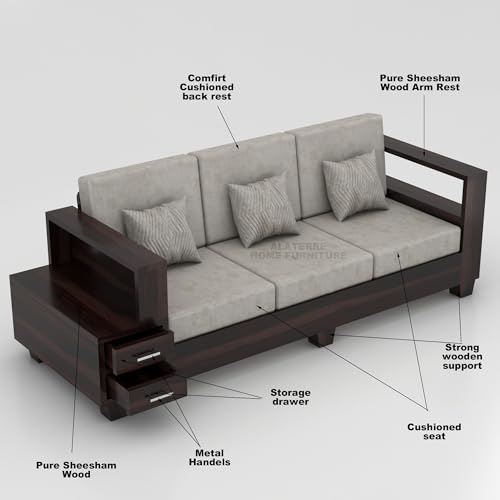 Image of Sheesham Wooden 3 Seater Sofa for Living Room | Solid Wood Sofa with Side Box Storage & Cushion | Rosewood Sofa Set for Home & Office | Lounge (Walnut, 3 Seater)