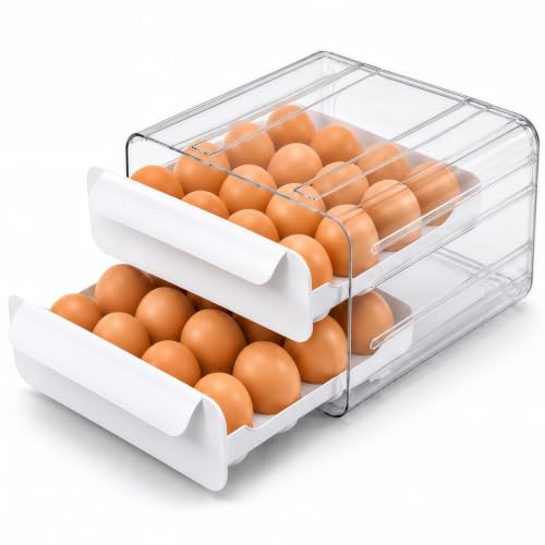 SANMKOR 2 Tier Egg Holder for Fridge, Pull Out Egg Organizer for Refrigerator, Double Layer Egg Container for Refrigerator