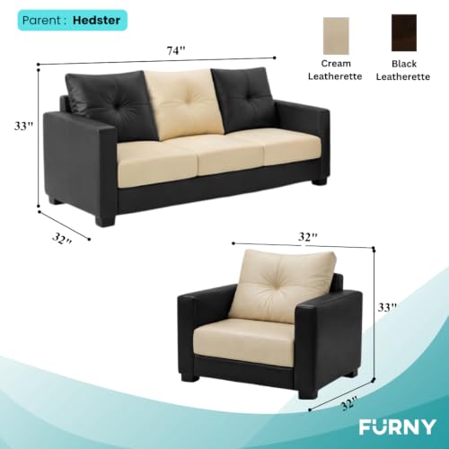 Image of FURNY Heritage 3 Seater + 1 Seater + 1 Seater Leatherette Sofa Set (Black-Cream) | Durable Comfort | Ideal for Living Room