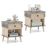 Giantex Modern Nightstand Set of 2, 3-Tier Bedside Table with Drawer, Open Shelf & Rubber Wood Legs, Color Blocking Sofa Side End Table, Faux Marble Night Stand for Bedroom, Grey & Natural