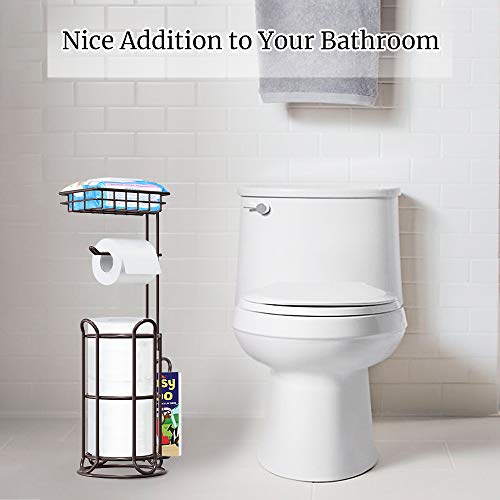 TreeLen Black Free-Standing Toilet Paper Holder with Shelf Tissue Roll Dispenser and Magazine Rack Fits Mega Rolls, Phone, and Wipes - Image 4
