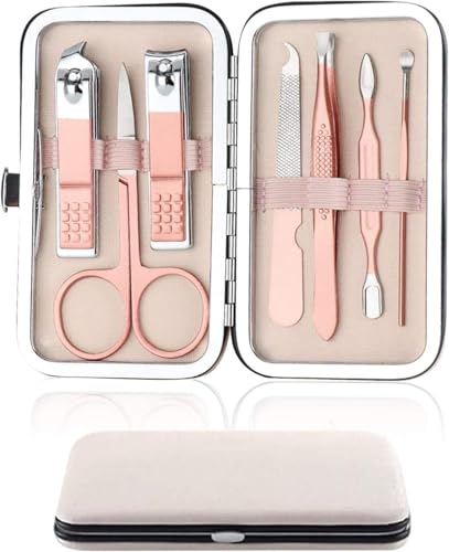 7 Piece Manicure Set, Nail Clipper Set, Manicure Pedicure Kit Stainless Steel Eyebrow Trimmer, Tweezers, Nail File, Cuticle Pusher, Nail Clippers in Pink PU Leather Case - Travel Kit & Home Use