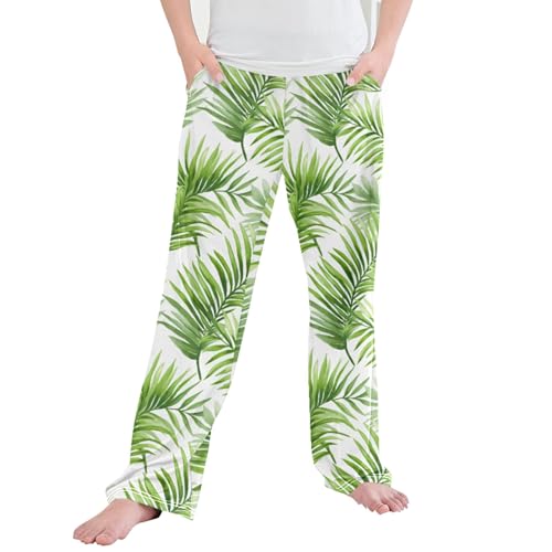 Green Leaves Long Pajama Pants Elastic Waist PJ Bottoms with Pockets S A110578
