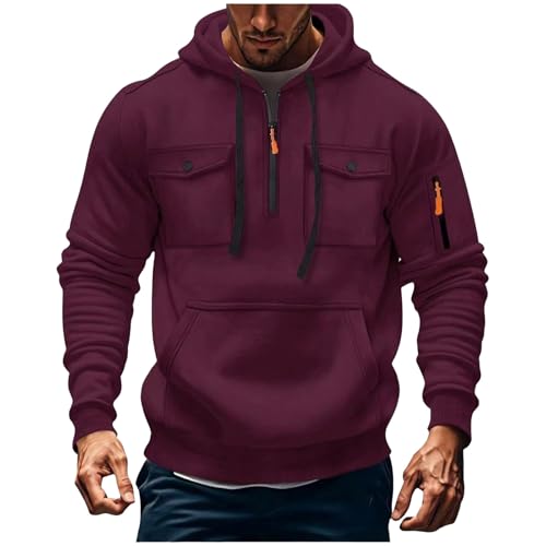 Men's Fashion Hoodies & Sweatshirts Quarter-Zip Drawstring Hooded Shirts Causal Long Sleeve Tactical Cargo Pullover