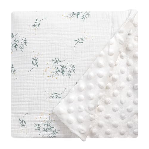Image of Knirose Cotton Muslin Front Fluffy-Backed Baby Swaddle Blankets Double Layer Nursery Plush Dotted Fleece Back Receiving Bed Quilt Blanket for Unisex Newborn Toddler Boys Girls 30 x 41 Inches