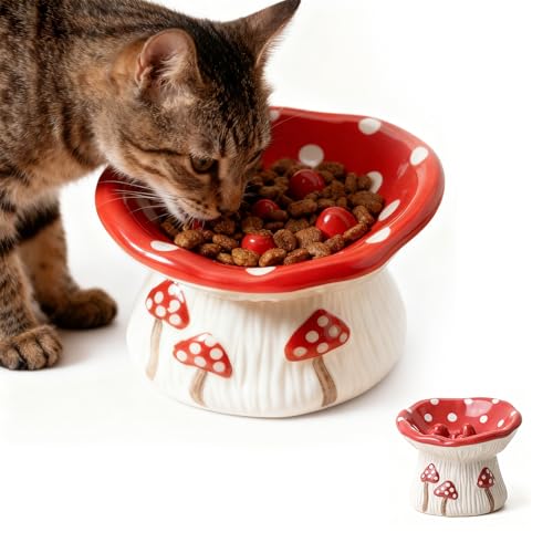 Cat Slow Feeder Bowl Ceramic Slow Feeder Cat Bowls Cute Mushroom Elevated Cats Bowl Anti-Fatigue & Anti-Vomiting
