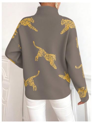 Image of WDIRARA Women's Leopard Tiger Print Sweater High Neck Long Sleeve Fuzzy Knitted Pullover Top