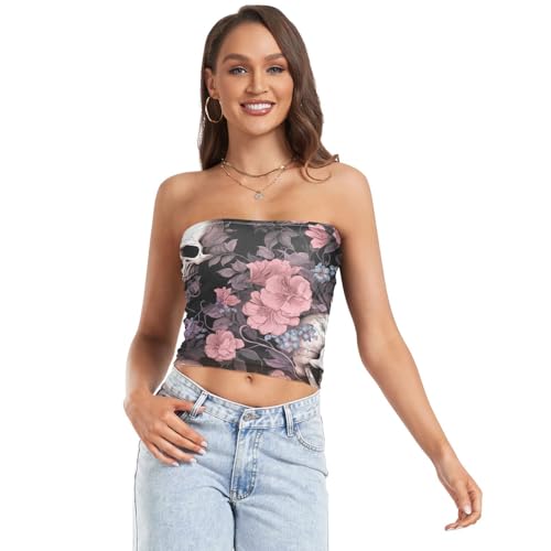 Camisetas cortas de tubo con diseño de calaveras coloridas para mujer, ombligueras de moda, camisetas de tubo de malla, camisetas cortas de verano (S), Calaveras coloridas flores, S
