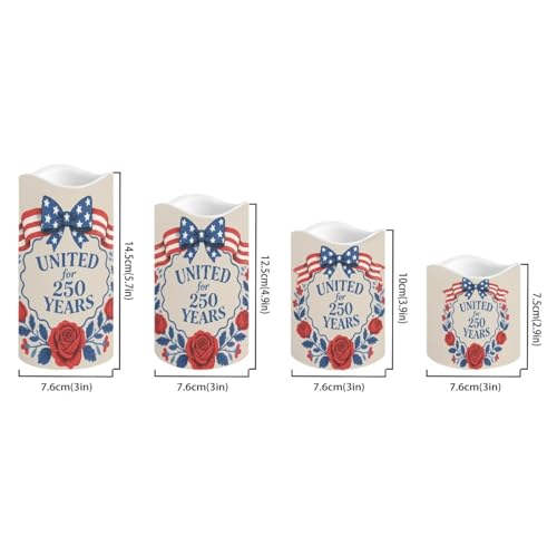 Image of United for 250 Years Fake Candles Flowers Independence Day Battery Led Lights Fourth of July LED Flickering Remote Control Candle Decors for Patio Porch Mantle, 4 Pack