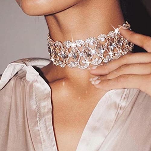Yokawe Crystal Choker Necklace Gold Statement Necklace Sparkly Rhinestone Choker Sexy Wide Collar Party Rave Neck Jewelry Accessories For Women And Girls #TOP3