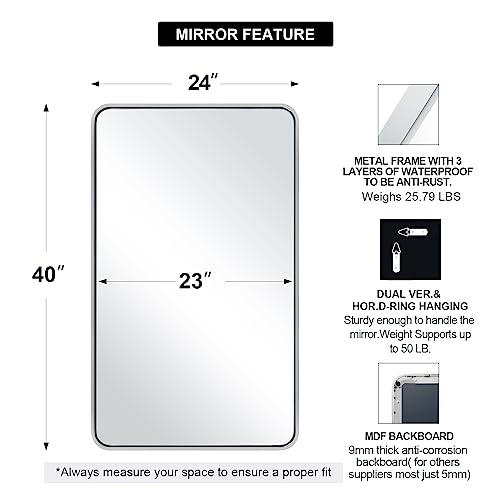 Image of ANDY STAR Chrome Mirrors for Bathroom, 24x40'' Chrome Rounded Rectangle Mirror Stainless Steel Metal Tube Framed (Anti-Rust), Wall-Mounted Horizontal /Vertical