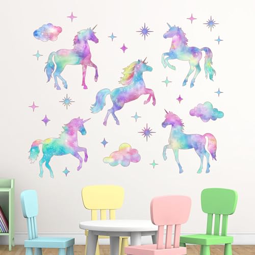 Mfault Galaxy Unicorn Watercolor Wall Decals Stickers, Pastel Gradient Glitter Clouds Stars Nursery Decorations Baby Bedroom Art, Toddlers Kids Girls Boys Room Playroom Decor