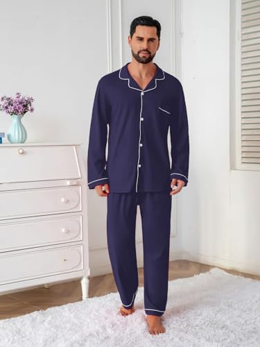 Image of QZH.DUAO Mens Pajama Set 100% Cotton Long Sleeve Button Down PJs