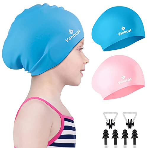 Vanocat 2 Pack Kids Swimming Cap Short/Long Hair, Unisex Silicone Swimming Hat for Age 3-15 Children Toddler Teen