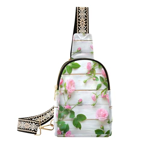 Mnsruu Bolso bandolera pequeño para mujer, diseño de rosas rosas, hojas verdes, de cuero, bandolera, riñonera, Multicolor 56, Talla única