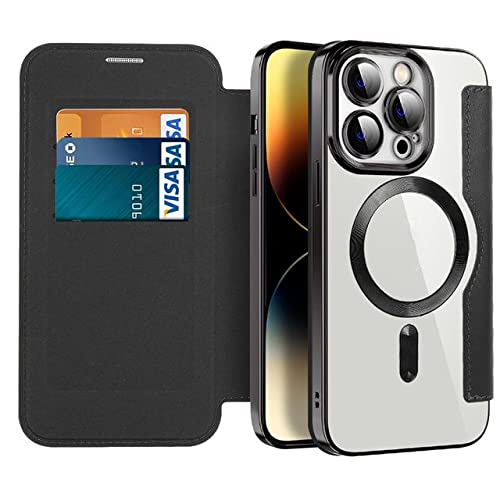 Chargement magnétique sans fil sur étui portefeuille en cuir noir avec porte-cartes