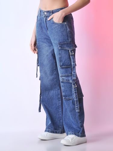 Image of Glossia Fashion Denim Blue Women Cargo Jeans | High Waist Stretchable Wide Leg Loose Fit Denim| Boyfriend Cargo Jeans for Women(WJ-1223)