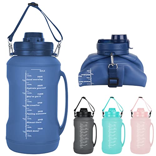 Collapsible Water Bottles, 2L/64OZ travel water bottle Bottle with Straw, Half Gallon Large Water Bottle for Travel Outdoor Sports Runing Fitness Yoga (Upgraded blue)