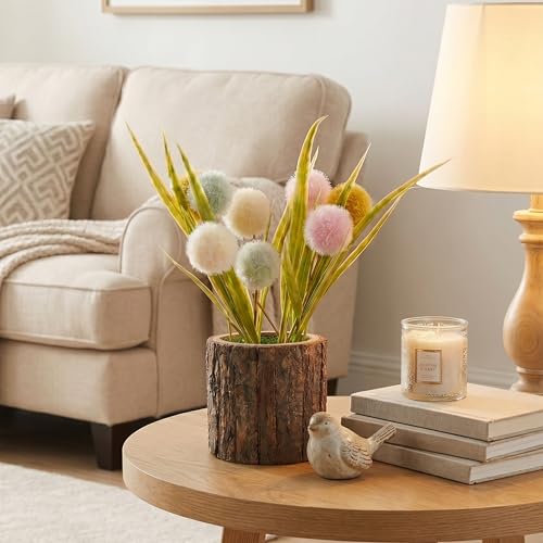 Image of Dekorly Artificial Multi Colour Pingpong Flower with Real Wooden Vase (28CM Overall Height) | Decorative Lifelike Faux Floral Plant in Rustic Tree Log Pot for Living Room(Pingpong Flower)
