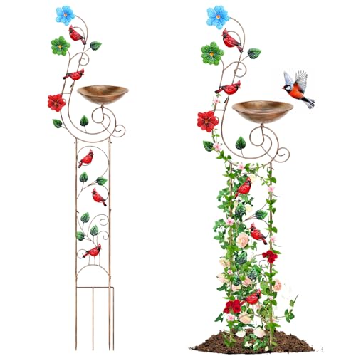 Metal Bird Bath with Trellis for Outside, 57” Height Birdbaths & Supports, Small Garden Decorative Trellises for Climbing Flowers Outdoor (Redbird)