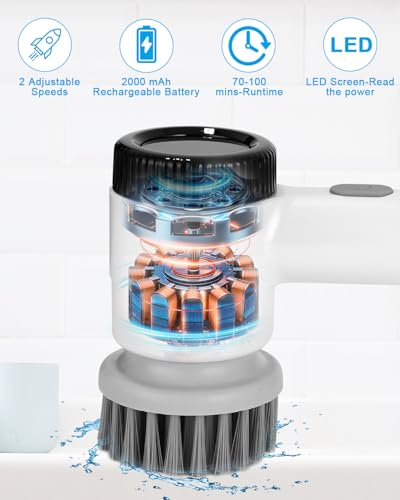 TIDEVAN 5 in 1 Elektrische Bürste, rotierend, kabellos, elektrische Bürste, Spin Scrubber mit 5 austauschbaren Bürstenköpfen, 3 Geschwindigkeiten, LED-Anzeige, für Badezimmer/Küche/Wand/Fliesen