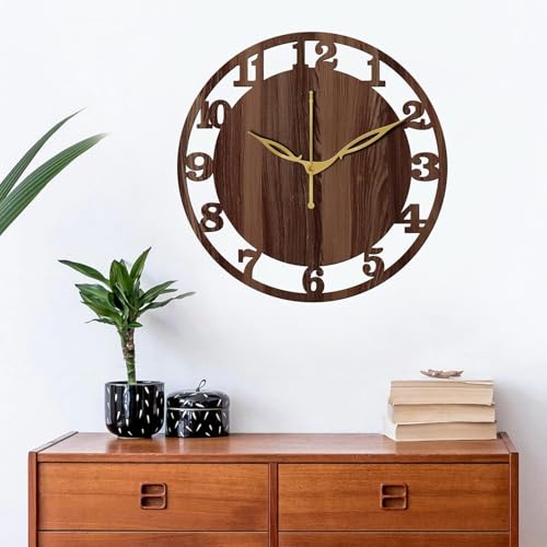Image of SKYVILLA 12 Inch Wooden MDF Analog Wall Clock Brown | English Numerals, Silent Quartz Movement, Lightweight, Without Glass Design
