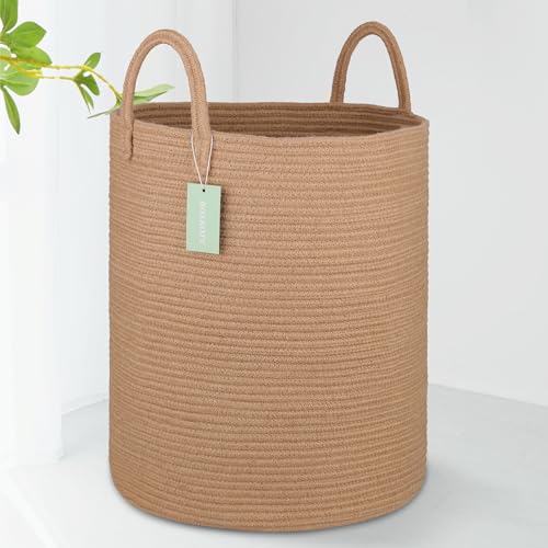 BOSROTY Large Blanket Basket, Tall Laundry Hamper 65L, Nursery Basket with Handles for Storage Toys Clothes Towels, Cotton Rope Woven Organiser, 40 x 50 CM, Jute