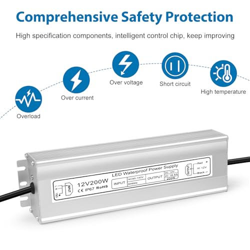 Image of LED Driver 200W 12V Power Supply, IP67 Waterproof Low Voltage Transformer, AC 90-130V to DC 12V 16.6A Converter for Outdoor Landscape Lighting, LED Strip, with 3-Prong Plug 3.3 Feet Cable