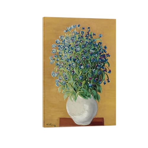 Tableau déco salon fleurs bleu en vase retro pour mur chaleureux