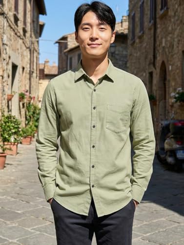 Image of Men's Long Sleeve Dress Shirt,Olive Green, Button Down, Chest Pocket, Casual Formal Wear