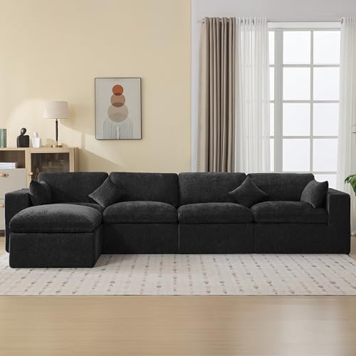 Image of 146''Cloud Boneless Sectional Couch, Modular Sectional Sofa Deep Seat with Ottoman, Oversized Upholstered Convertible Comfy 5 Seater Chenille Sofa L Shape Couches for Living Room, Dark