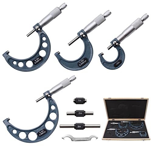 AYQWE Outside Micrometer Set, 4pcs 0-4in Outside Metric Micrometer, 0.0001in Graduation Premium Precision Machinist Tools W/Carbide Tips, with Standards, Adjustment Wrench and Fitted Wood Case