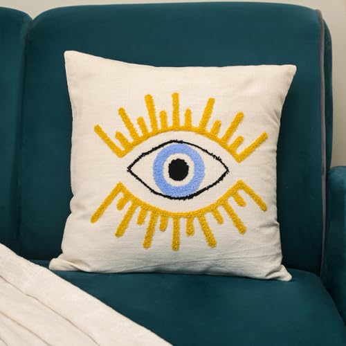 ABSTRACT INDIA Evil Eye Punch Needle Hand Tufted Pillow with Tassels, Decorative Pillows, Embroidered Cushion Cover - Boho Style - 16X16 Inch Pack of 1
