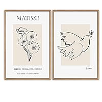 SIGNWIN Framed Wall Art Print Set Drawing of Flower and Peaceful Bird Abstract Shapes Illustrations Fine Art Contemporary Expressive for Living Room, Bedroom, Office - 16