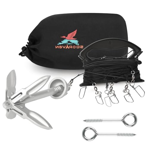 Scopaven Duck Decoy Jerk Rig – 118ft Nylon Line, Pre-Tied Swivels for 6 Decoys, 1.5lb Anchor with Bungee Cord, Stainless Steel Eye Bolts, Water-Resistant Bag for Duck Hunting Motion Setup