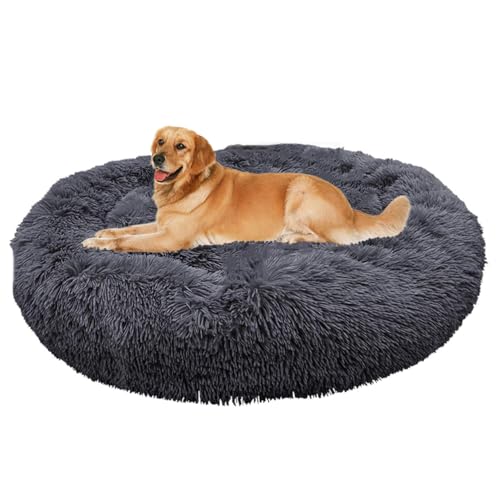 ZHULONGRUSHUI Cuccia rotonda per cani, soffice e calmante, a forma di ciambella, in peluche, anti-ansia, XL/XXL/XXXL extra large, antiscivolo, per cani di taglia media e grande (grigio scuro, 60 x 60