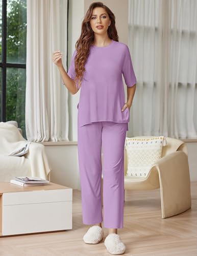 Image of Ekouaer Lounge Sets for Women Short Sleeve Tops and Long Pants Soft Comfy Pajamas Set 2 Piece Outfits