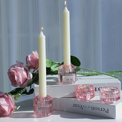 VOHO Vertical Stripes Taper Candle Holders in Pink Glass, 4pcs Layering Candlestick Holders Bulk Reversible for Tealight & Taper Candles, Aesthetic Pink Candle Stick Holder Gifts for Birthday/Shower Cover