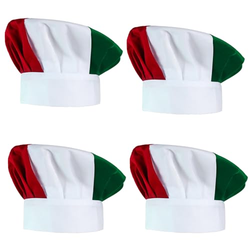 Kyson 4 Pieces Chef Hats - Red, White and Green Italian Flag Style Adjustable Mushroom Hats for Italian Themed Party Decorations and Photo Booth Props