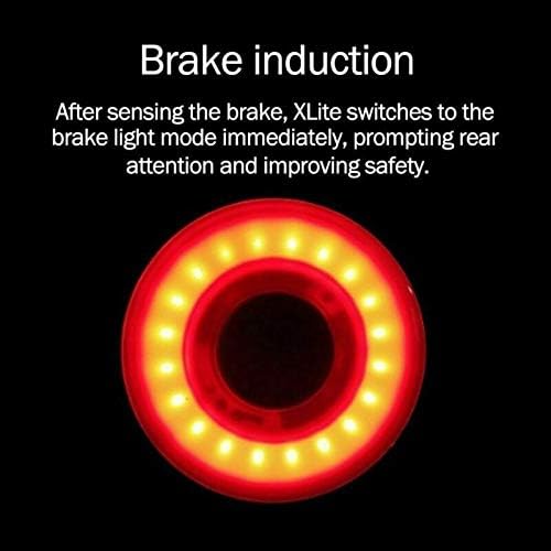 Close-up of the XLite100 tail light illuminating brightly to indicate brake induction.