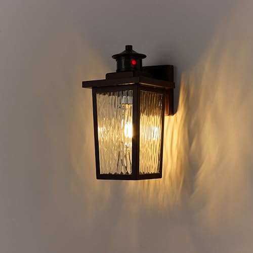Image of Oil Rubbed Bronze Motion Sensor Exterior Wall Lantern, Dusk to Dawn Outdoor Lighting with Clear Water Glass and E26 Base Socket, 12 inch Outside Lights for House Entryway