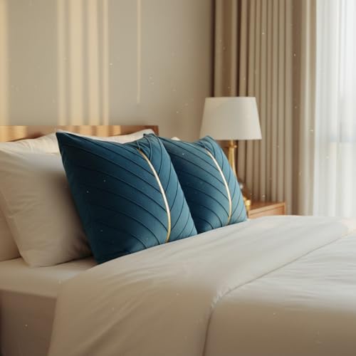 Image of Velvet Throw Pillow Covers 20x20 Pack of 2 Gold Decor Lake Blue