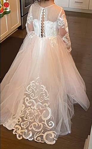 FLwuhui Flower Girl's Kids Long Sleeve Sheer Lace Embroidery Wedding Dress A-Line Tulle Trailing Princess Gowns4