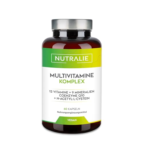 Multivitamin-Kapseln 29 Essentielle Nährstoffe Vegan | Vitamine A, B, C, D, E, K, Biotin, L-Cystein, Coenzym Q10 und 9 Mineralstoffe | Multivitamin-Komplex 60 Kapseln | Nutralie