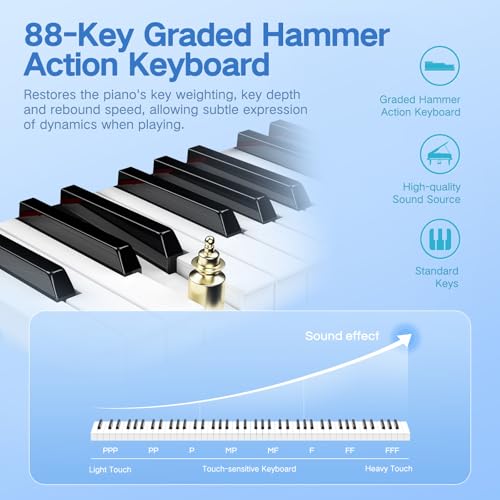 E Piano 88 Tasten Hammermechanik：TERENCE Digitalpiano P50 88-Tasten 2x25W HiFi Lautsprecher & Spatial Audio Mobile Videoaufnahme Bluetooth MIDI Doppel-Tastatur Kopfhörer/Lautsprecher Unterstützung